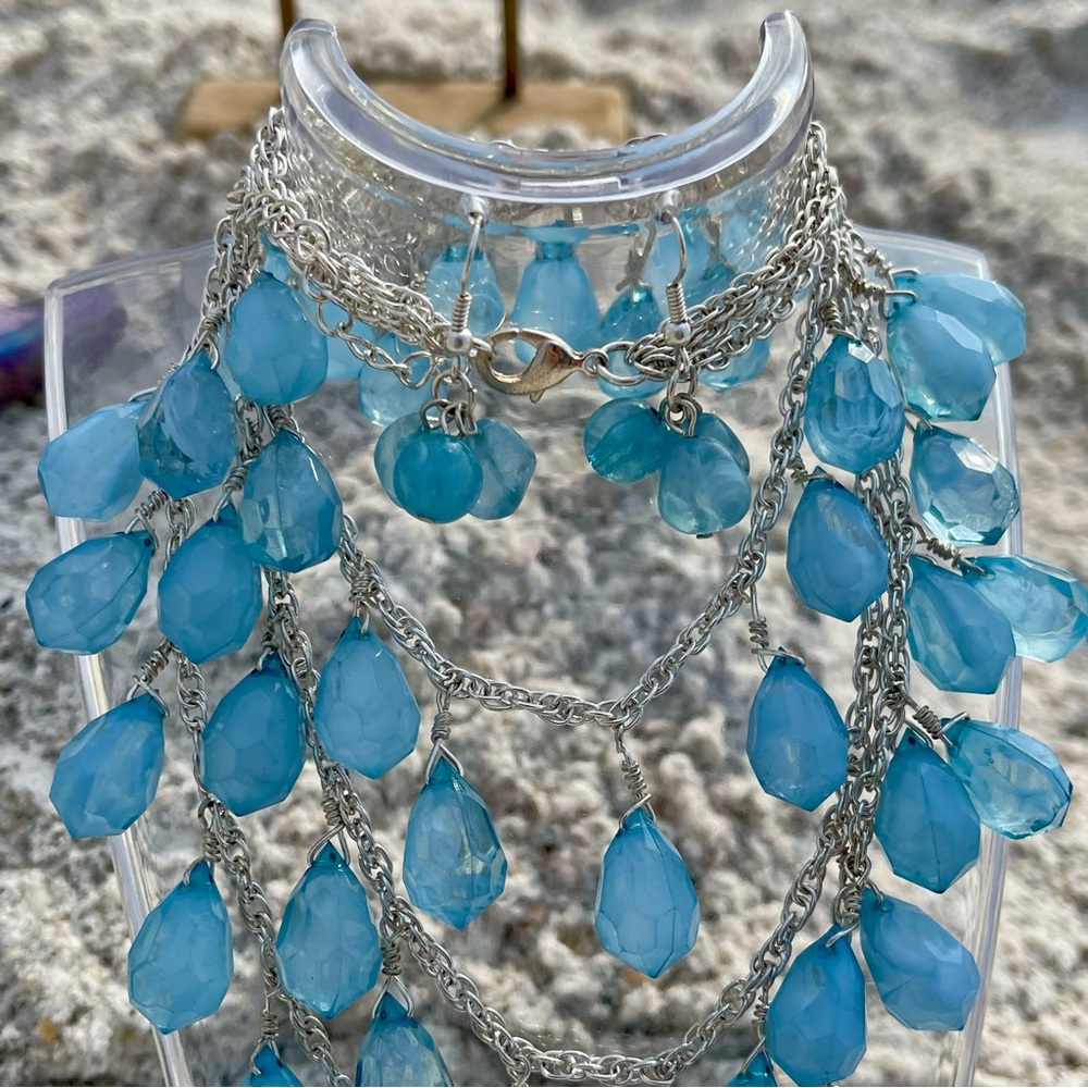 Set Of Earrings & Necklace Blue Raindrop Teardrop Acrylic Multi-layered 24"+3" - Picture 3 of 8
